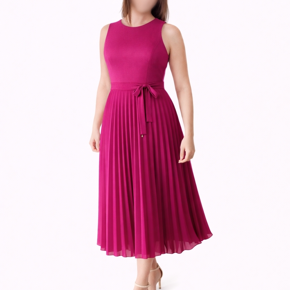 Suzy Shier Fuchsia Midi Dress with Pleated Skirt